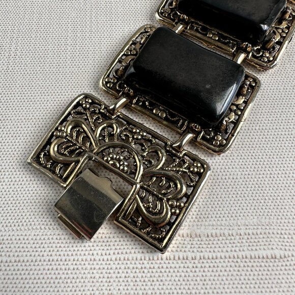 1960s Black Glazed Ceramic Filigree Panel Bracelet - Picture 3 of 10